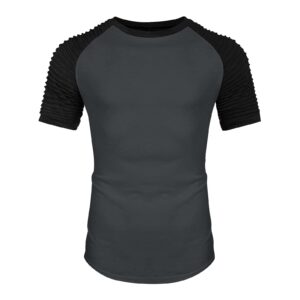 JSFOIRYROU Gym Workout T-Shirt for Men Pleated Raglan Short Sleeve Base Layer Muscle Bodybuilding Fitness Cotton Tee Tops (Dark Grey,X-Large)