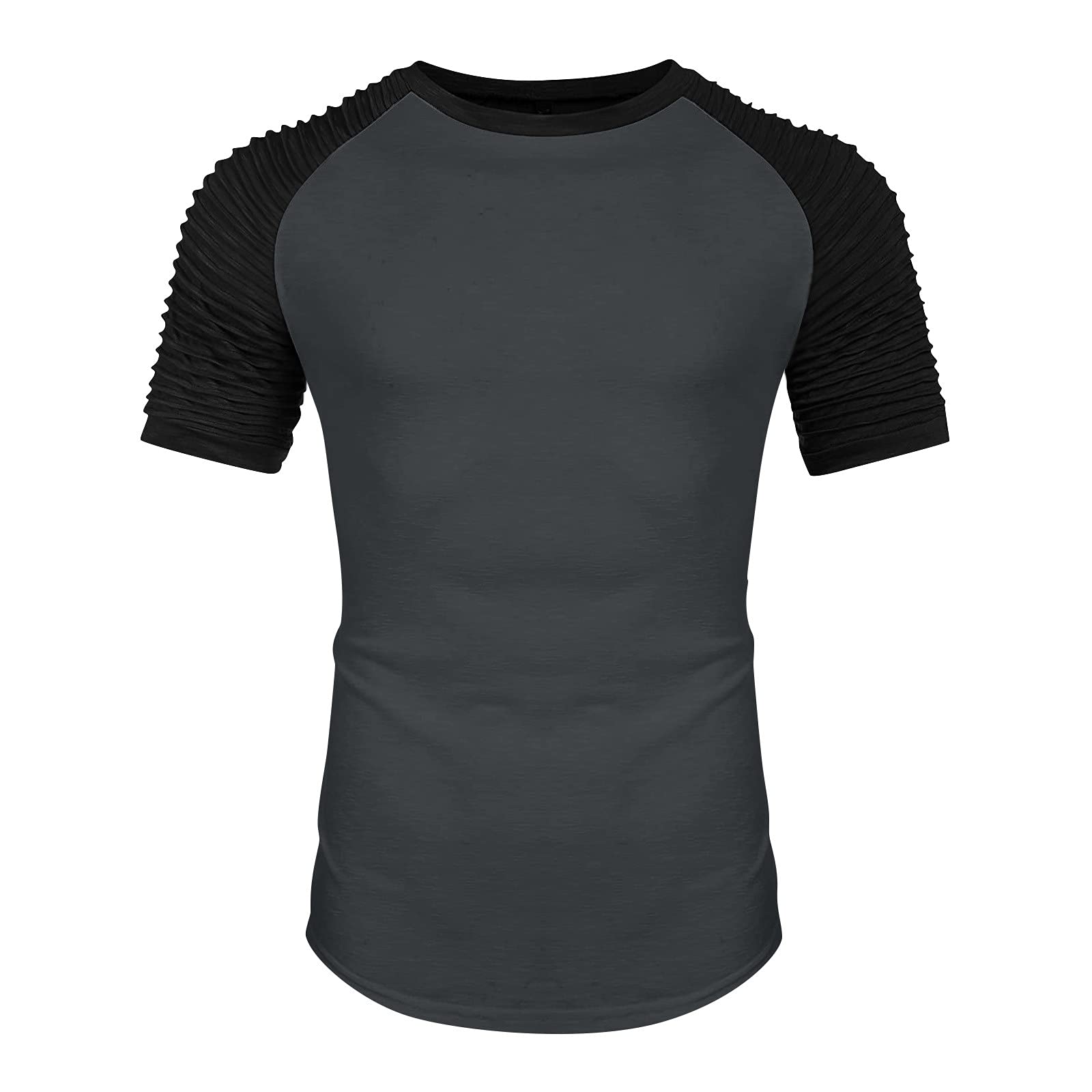 JSFOIRYROU Gym Workout T-Shirt for Men Pleated Raglan Short Sleeve Base Layer Muscle Bodybuilding Fitness Cotton Tee Tops (Dark Grey,X-Large)