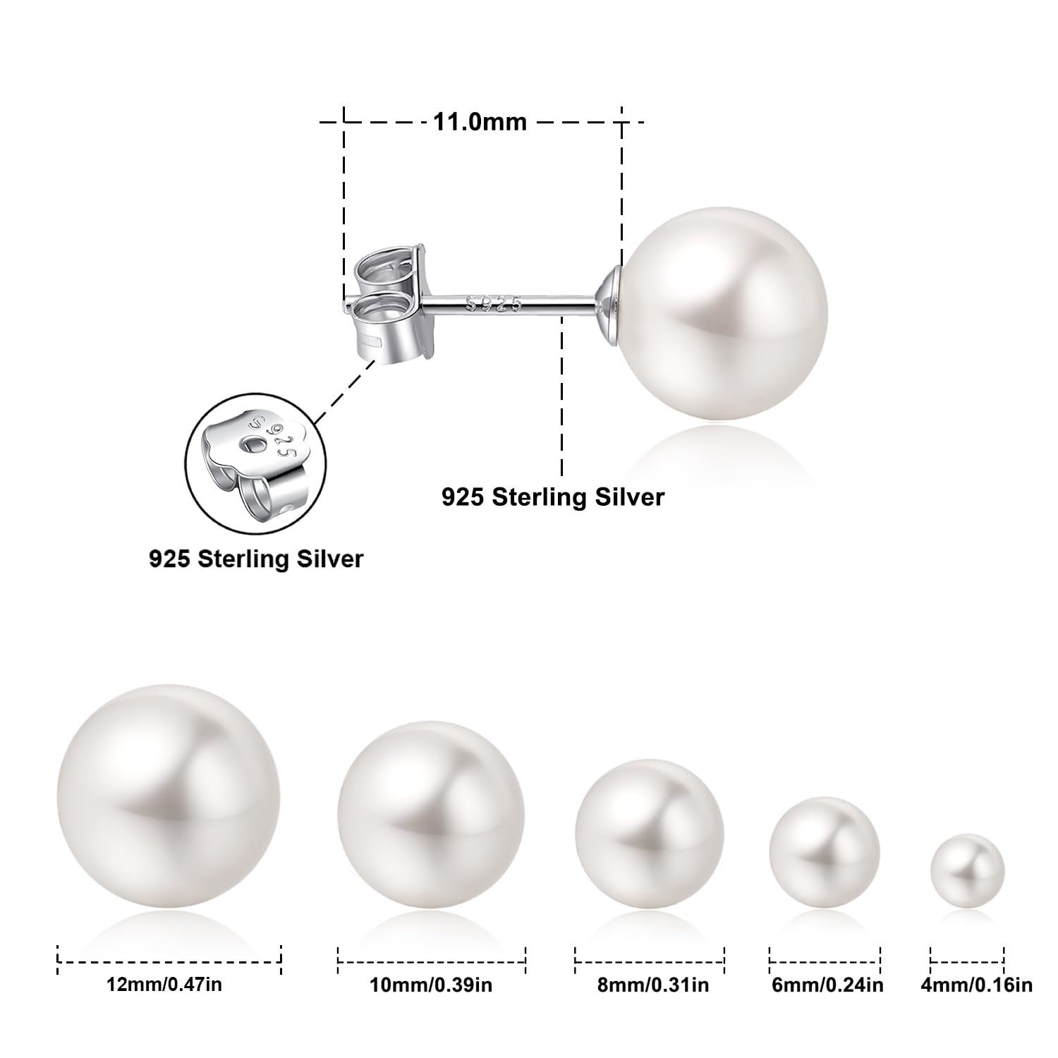 18K White Gold Plated Sterling Silver Post Faux Pearl Stud Earrings for Women, White Pearl Wedding Earrings Hypoallergenic Jewelry (8mm)