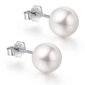 18k white gold plated sterling silver post faux pearl stud earrings for women, white pearl wedding earrings hypoallergenic jewelry (8mm)