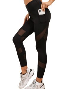 makemechic women's mesh insert high waisted workout gym athletic leggings with phone pocket black b s