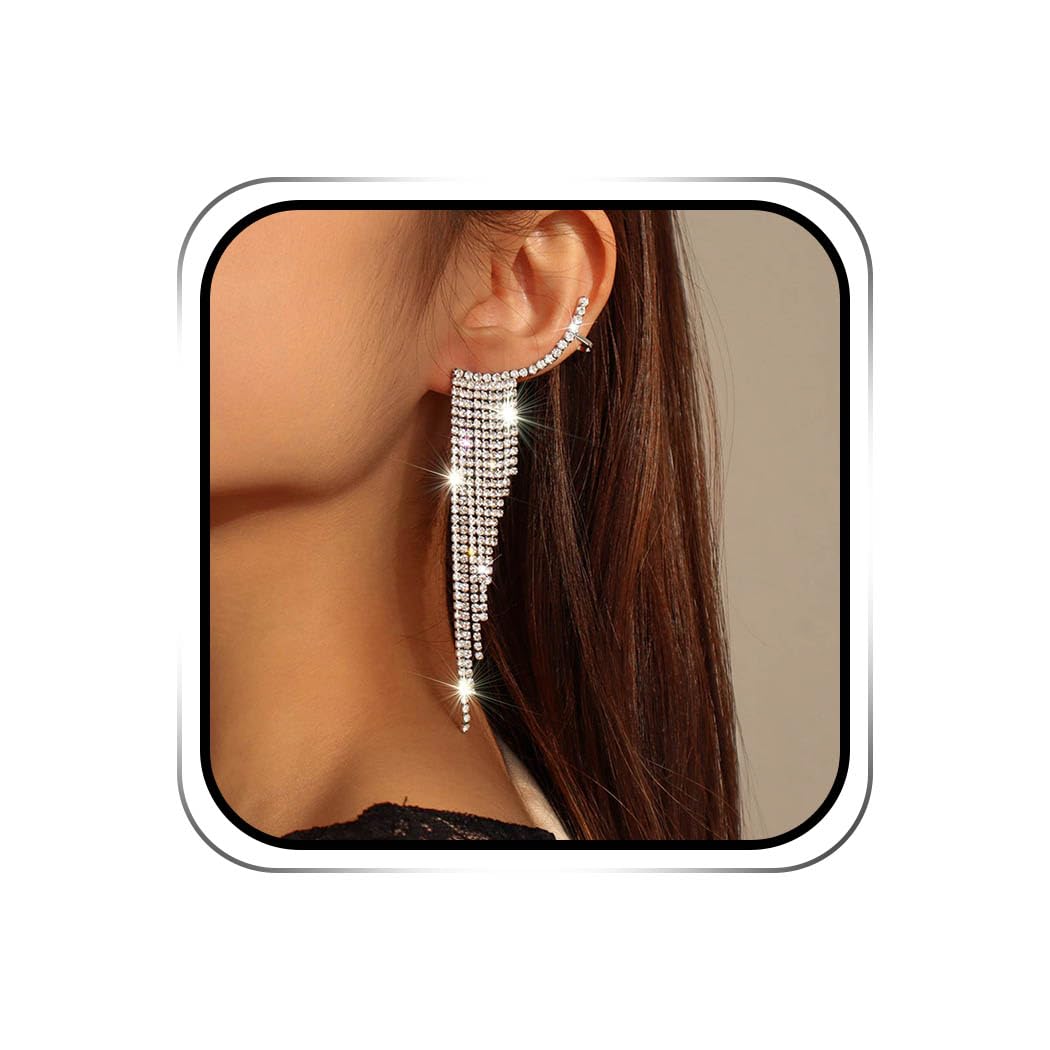 Earent Tassel Rhinestone Earrings Dangling Silver Long Chandelier Fringe Earring Sparkly Statement Dangle Drop Earrings Party Jewelry for Women