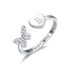 lovpepy initial letter ring for women, silver stackable heart butterfly alphabet rings with initial adjustable crystal inlaid rings bridesmaid gift (b)