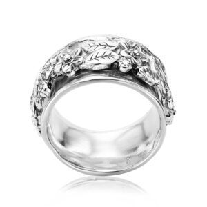 925 Sterling Silver Spinner Ring Unisex Band Bold Leaf and Flower, Oxidized, Vintage Stylish Hypoallergenic, Nickel Lead-free, Artisan Handcrafted Designer Made in Israel (Size 5-11)