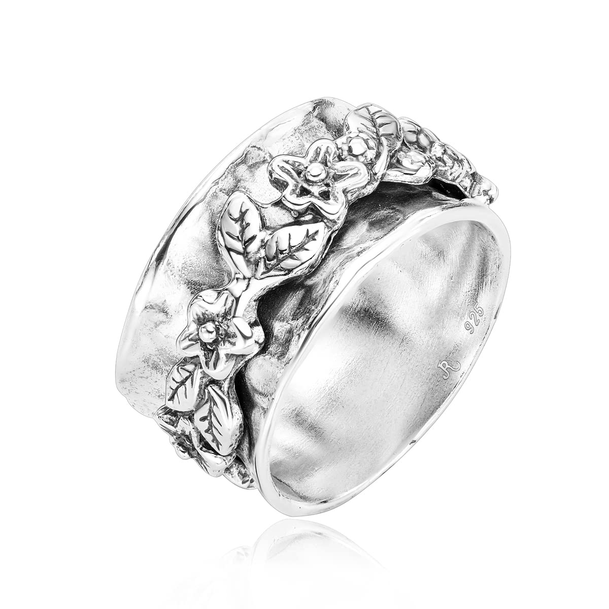 925 Sterling Silver Spinner Ring Unisex Band Bold Leaf and Flower, Oxidized, Vintage Stylish Hypoallergenic, Nickel Lead-free, Artisan Handcrafted Designer Made in Israel (Size 5-11)