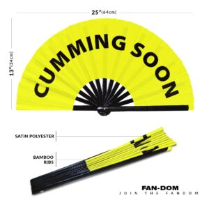 Cumming Soon hand fan foldable bamboo circuit hand fan funny gag slang words expressions statement gifts Festival accessories Rave handheld Circuit event fan Clack fans (Yellow)