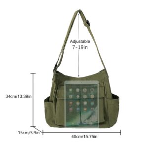 Blostirno Canvas Messenger Bag Large Hobo Crossbody Bag with Multiple Pockets Vintage Shoulder Tote Bags Handbag for Women and Men (Army Green)