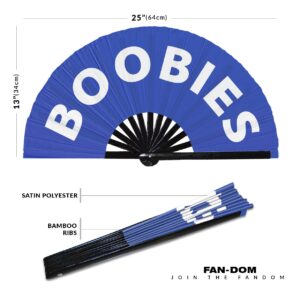 Boobies hand fan foldable bamboo circuit hand fan funny gag slang words expressions statement gifts Festival accessories Rave handheld Circuit event fan Clack fans (Blue)