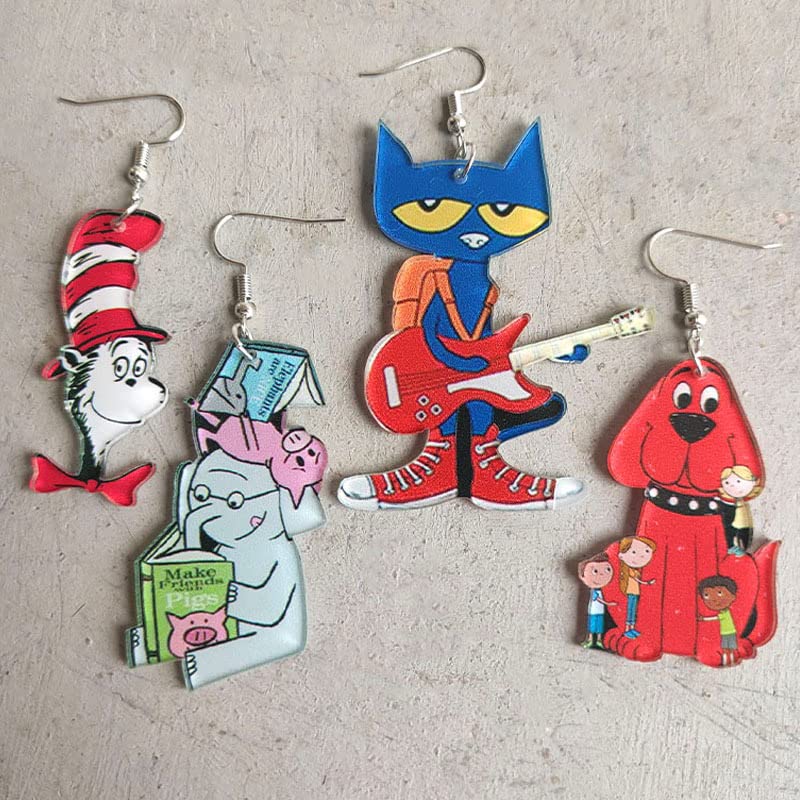 Funny Acrylic Teacher Student Animal Drop Dangle Earrings Cat Dog Elephant for Teachers, Educators, Librarians Gradution Reading Events Back to School Jewelry-C