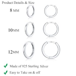 3 Pairs 925 Sterling Silver Hoop Earrings 14K White Gold Plated Small Silver Hoop Earrings for Women Huggie Cartilage Hoop Earrings for Women Men (8 10 12MM)