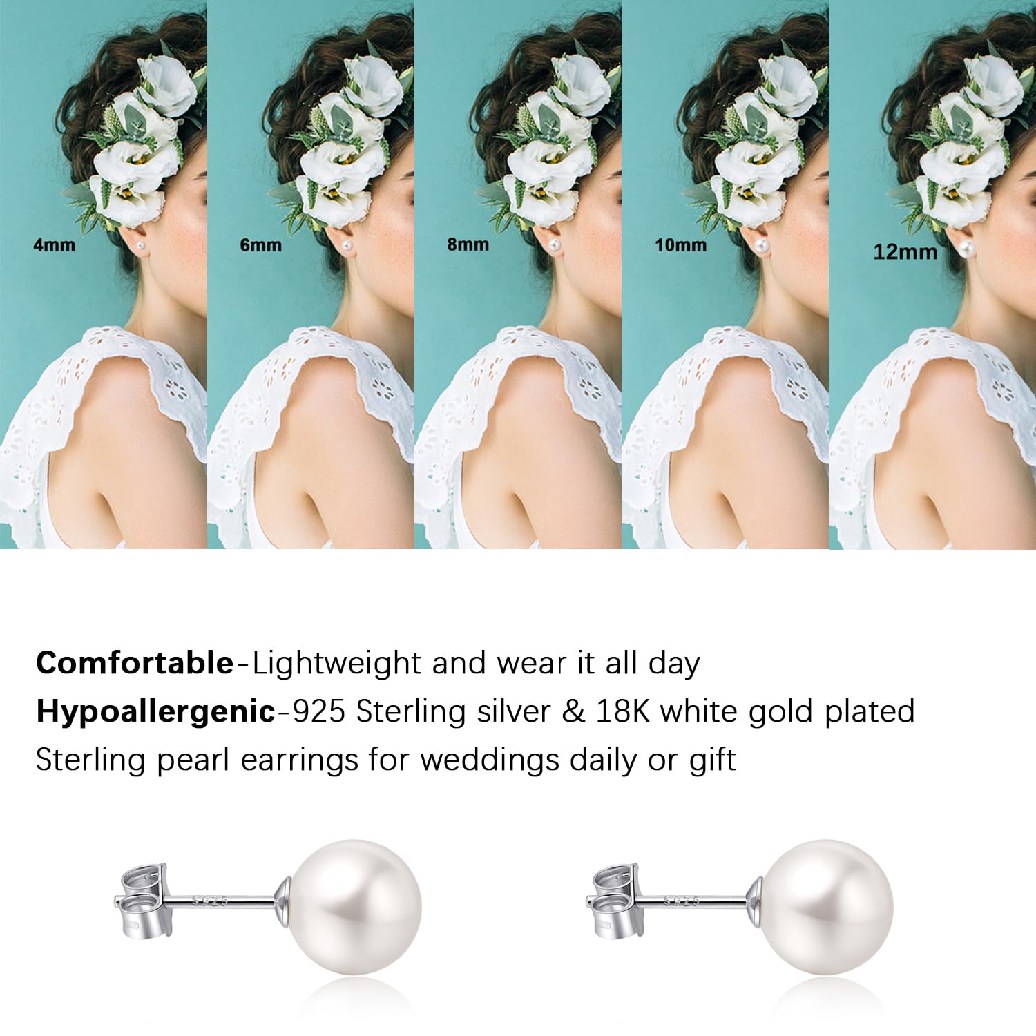 18K White Gold Plated Sterling Silver Post Faux Pearl Stud Earrings for Women, White Pearl Wedding Earrings Hypoallergenic Jewelry (8mm)