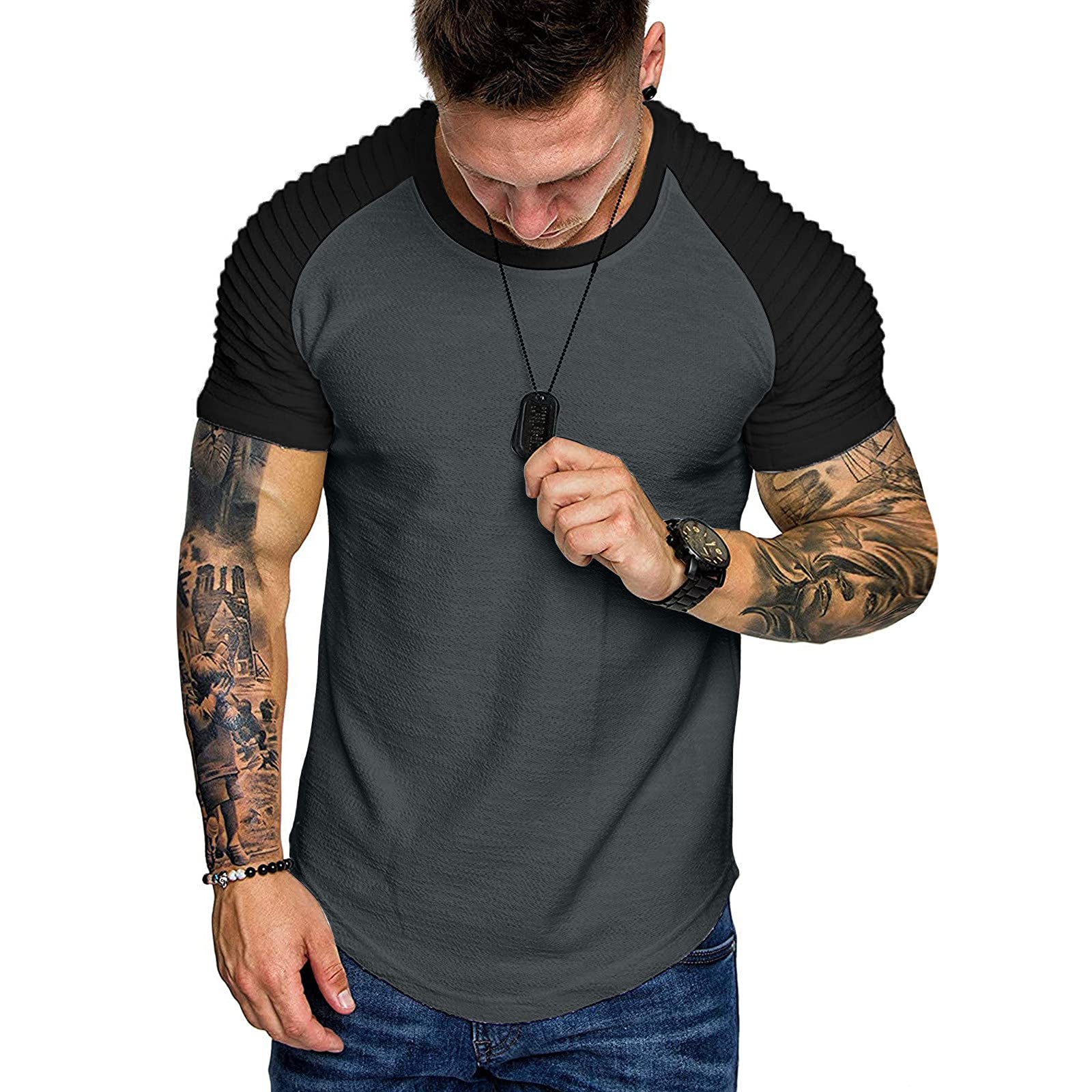 JSFOIRYROU Gym Workout T-Shirt for Men Pleated Raglan Short Sleeve Base Layer Muscle Bodybuilding Fitness Cotton Tee Tops (Dark Grey,X-Large)