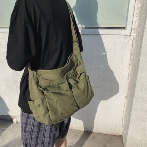 Blostirno Canvas Messenger Bag Large Hobo Crossbody Bag with Multiple Pockets Vintage Shoulder Tote Bags Handbag for Women and Men (Army Green)