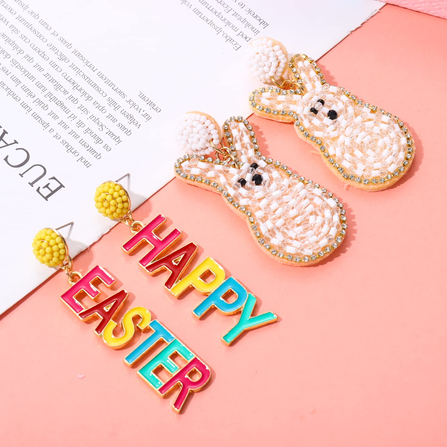 Easter Earrings Beaded Bunny Egg Letter Dangle Earrings for Women Cute Pom Pom Rabbit Holiday Earrings Festive Jewelry Party Gifts (Easter Bunny)