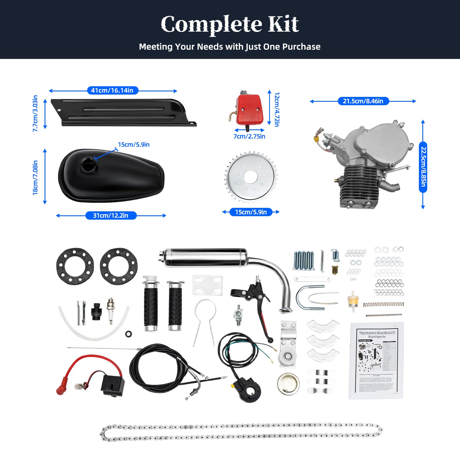 Frederimo Bicycle Motor Kit 100cc 2 Stroke Motorized Bicycle Engine Kit Air-Cooling Petrol Gas Motor Engine Kit Fit for 26 -28 Bikes 2022