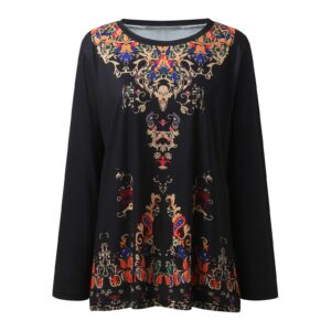 Womens Casual Long Sleeve Crew Neck Flower Printed T Shirt Top Full Sleeve Slim Fit Blouse Shirts Three Button Thermal