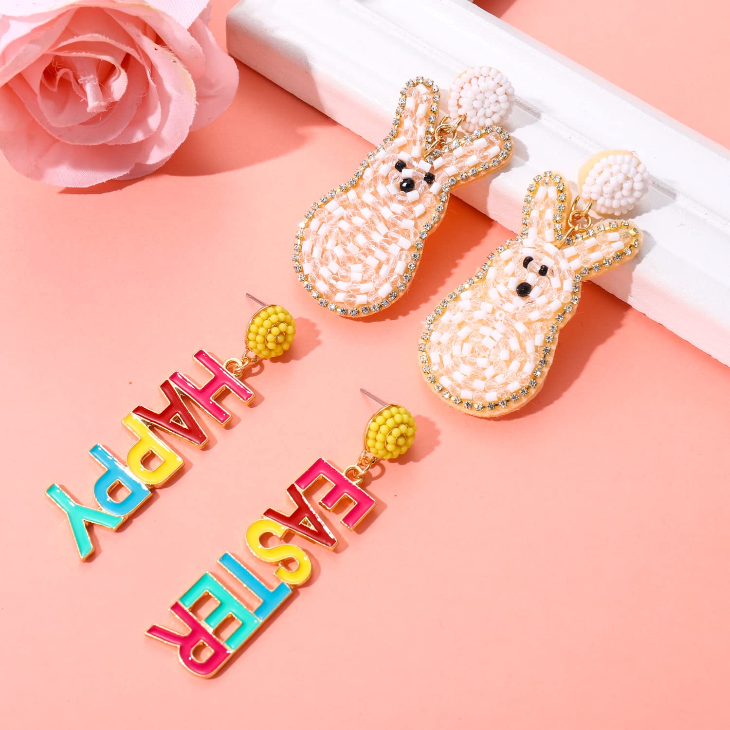 Easter Earrings Beaded Bunny Egg Letter Dangle Earrings for Women Cute Pom Pom Rabbit Holiday Earrings Festive Jewelry Party Gifts (Easter Bunny)