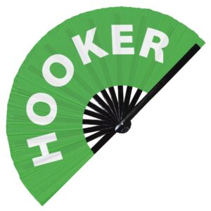 Hooker hand fan foldable bamboo circuit hand fan funny gag slang words expressions statement gifts Festival accessories Rave handheld Circuit event fan Clack fans (Green)