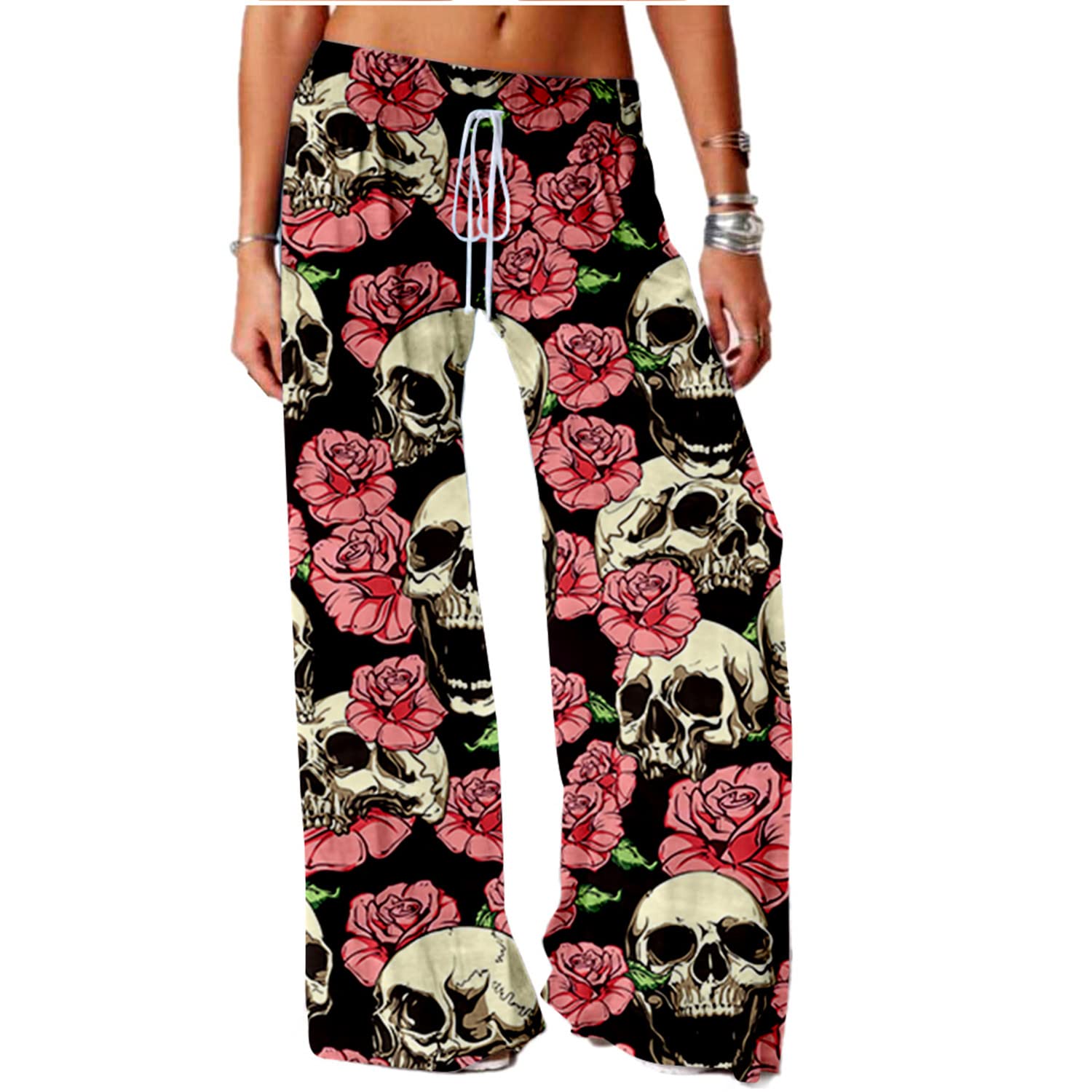 SIAOMA Women's Skull Printing Pants Plus Size Active Yoga Pants Loose Trousers(RoseSkull,3X-Large)