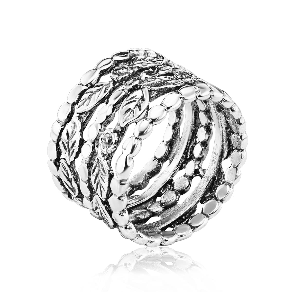 925 Sterling Silver Wide Ring Flowers & Leaves, Oxidized, Vintage Look Stylish Hypoallergenic, Nickel and Lead-free, Artisan Handcrafted Designer Collection Made in Israel (Size 5-11)