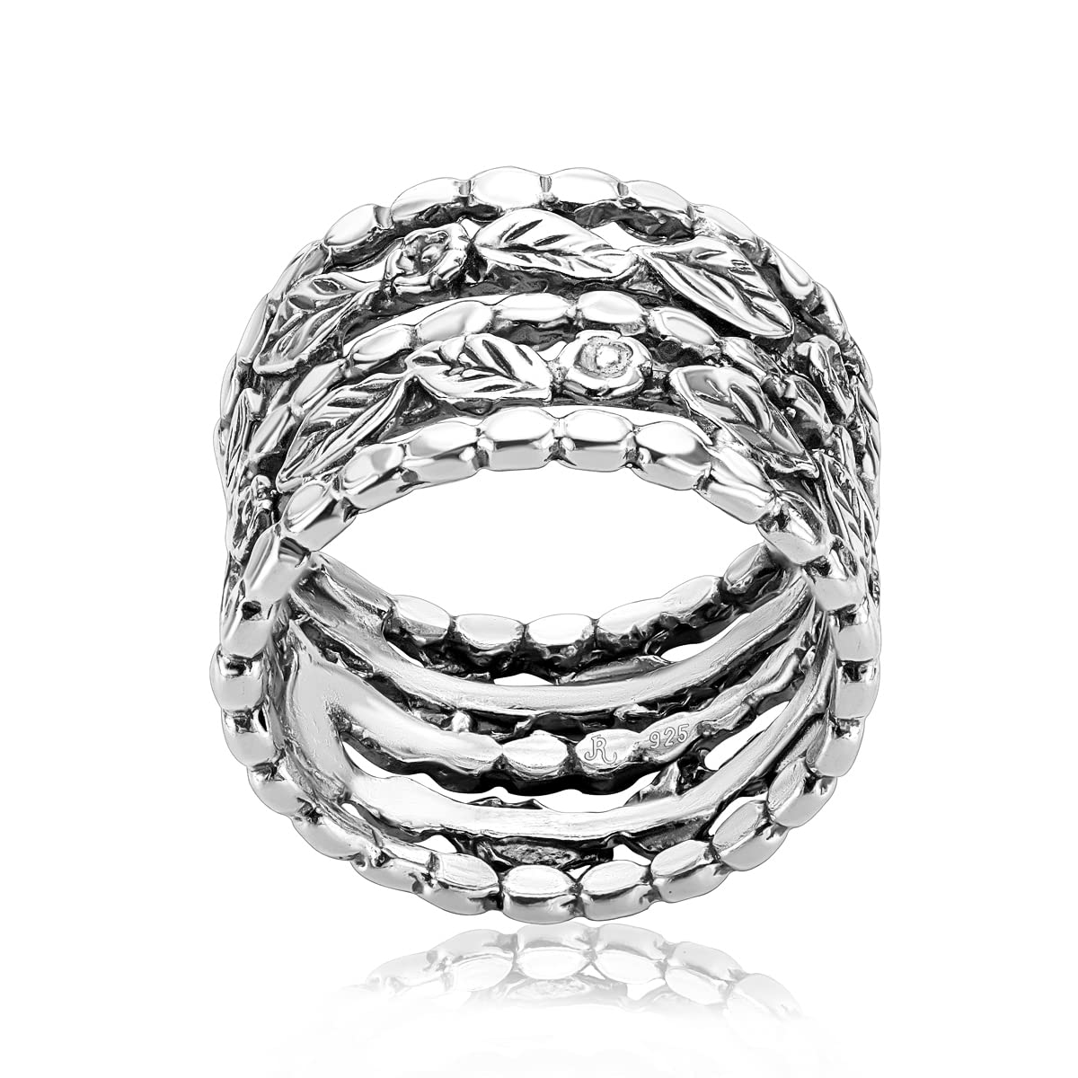 925 Sterling Silver Wide Ring Flowers & Leaves, Oxidized, Vintage Look Stylish Hypoallergenic, Nickel and Lead-free, Artisan Handcrafted Designer Collection Made in Israel (Size 5-11)