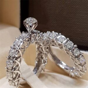 2Pcs Women White Stone Ring Set 2 in 1 Inlaid Zircon Engagement Bridal Wedding Band Exquisite Party Jewelry (A, 9)