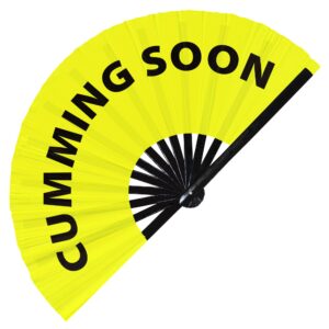 cumming soon hand fan foldable bamboo circuit hand fan funny gag slang words expressions statement gifts festival accessories rave handheld circuit event fan clack fans (yellow)