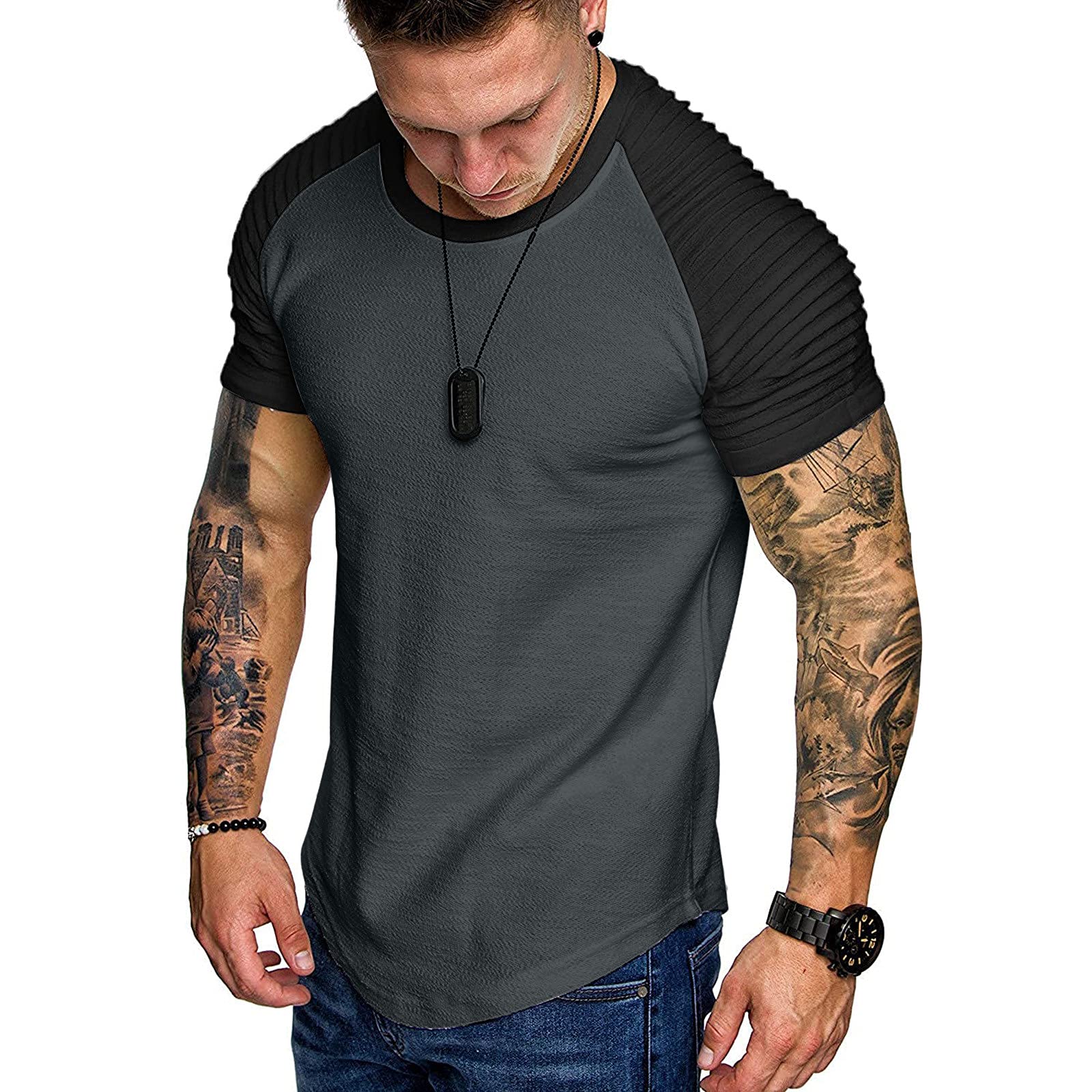 JSFOIRYROU Gym Workout T-Shirt for Men Pleated Raglan Short Sleeve Base Layer Muscle Bodybuilding Fitness Cotton Tee Tops (Dark Grey,X-Large)