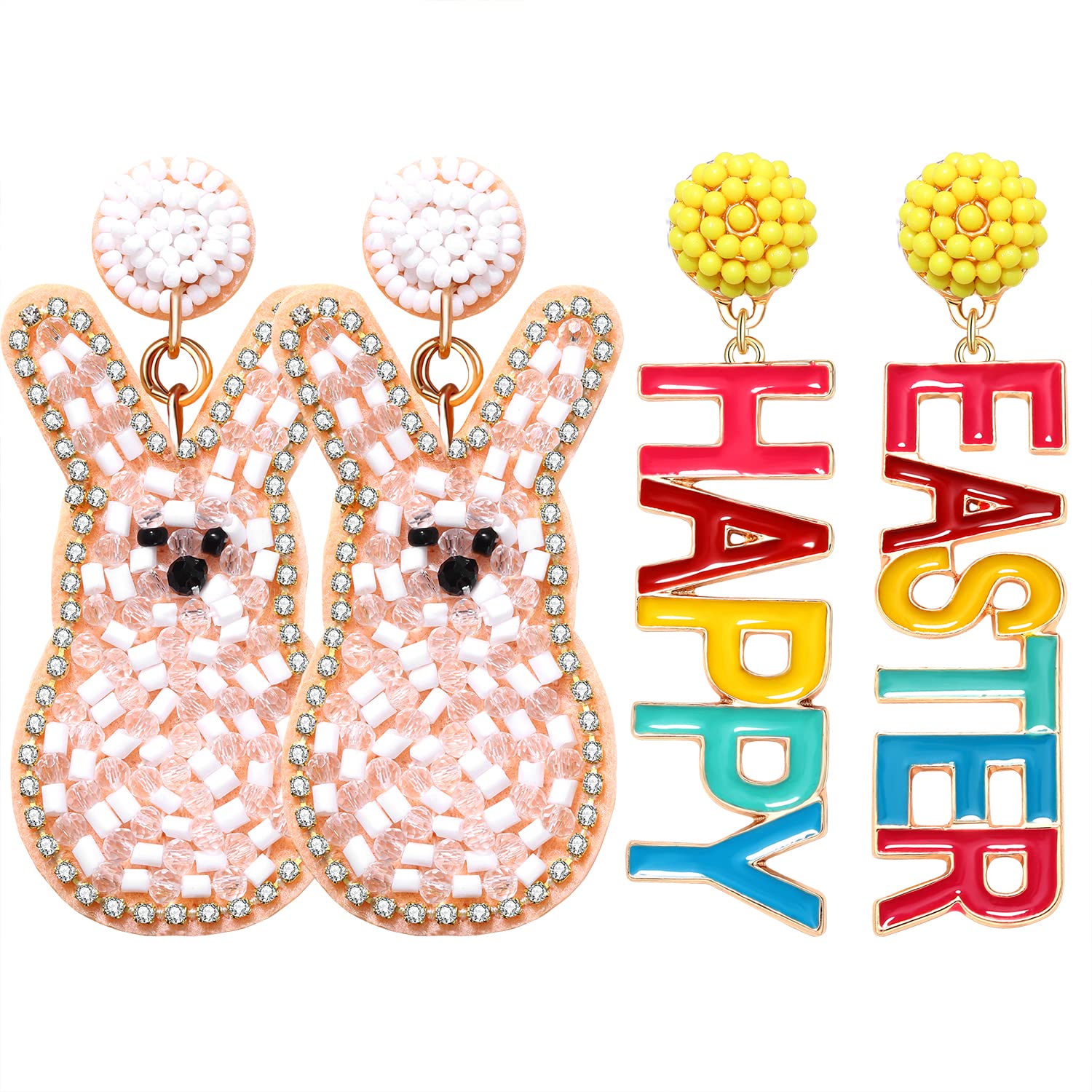 Easter Earrings Beaded Bunny Egg Letter Dangle Earrings for Women Cute Pom Pom Rabbit Holiday Earrings Festive Jewelry Party Gifts (Easter Bunny)