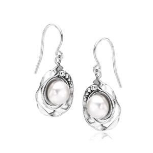 925 Sterling Silver Dangle Earrings w/Fresh Water Pearl, Oxidized, Stylish, Hypoallergenic, Nickel and Lead-free, Artisan Handcrafted Designer Collection,French Wire Earring Back, Jewelry Gift For Her