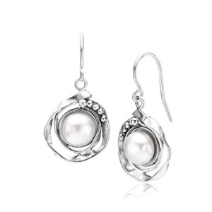 925 sterling silver dangle earrings w/fresh water pearl, oxidized, stylish, hypoallergenic, nickel and lead-free, artisan handcrafted designer collection,french wire earring back, jewelry gift for her