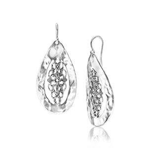 925 Sterling Silver Earrings Large Drop Shape Lace, Oxidized, Stylish, Hypoallergenic, Nickel and Lead-free, Artisan Handcrafted Designer Collection, French Wire Back, Made In Israel, Gift For Her