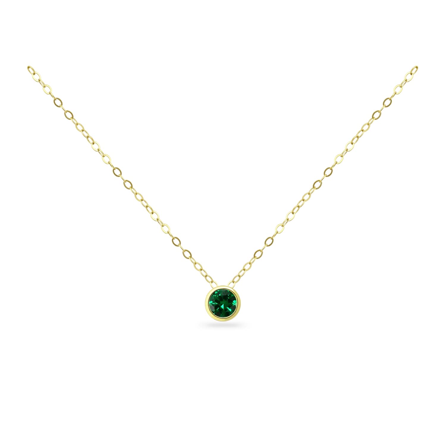 B. BRILLIANT Yellow Gold Flashed Sterling Silver 7mm Bezel Set Simulated Emerald Solitaire Pendant Necklace