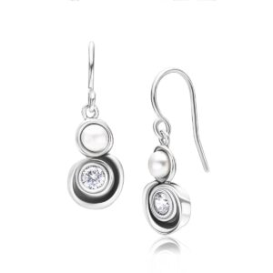 925 sterling silver earrings with fresh water pearl & 2 round cubic zirconia, oxidized, stylish, hypoallergenic, nickel and lead-free, artisan handcrafted designer, french wire back, made in israel