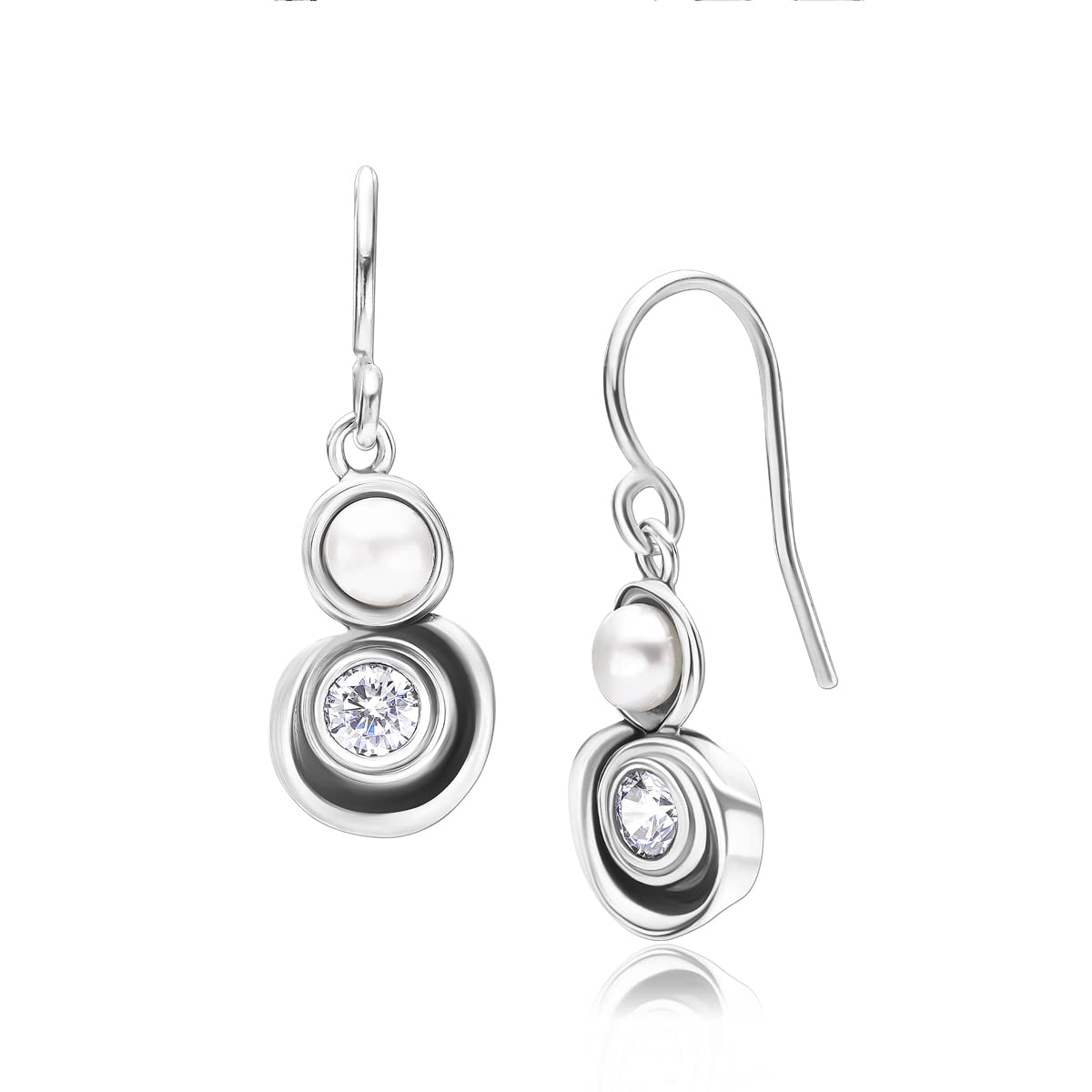 925 Sterling Silver Earrings with Fresh Water Pearl & 2 Round Cubic Zirconia, Oxidized, Stylish, Hypoallergenic, Nickel and Lead-free, Artisan Handcrafted Designer, French Wire Back, Made In Israel