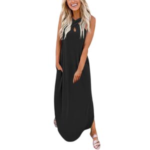 Dresses for Women 2023 Casual Loose Sleeveless Boho Long Beach Dress Criss Cross Slit Side Summer Maxi Sun Dresses