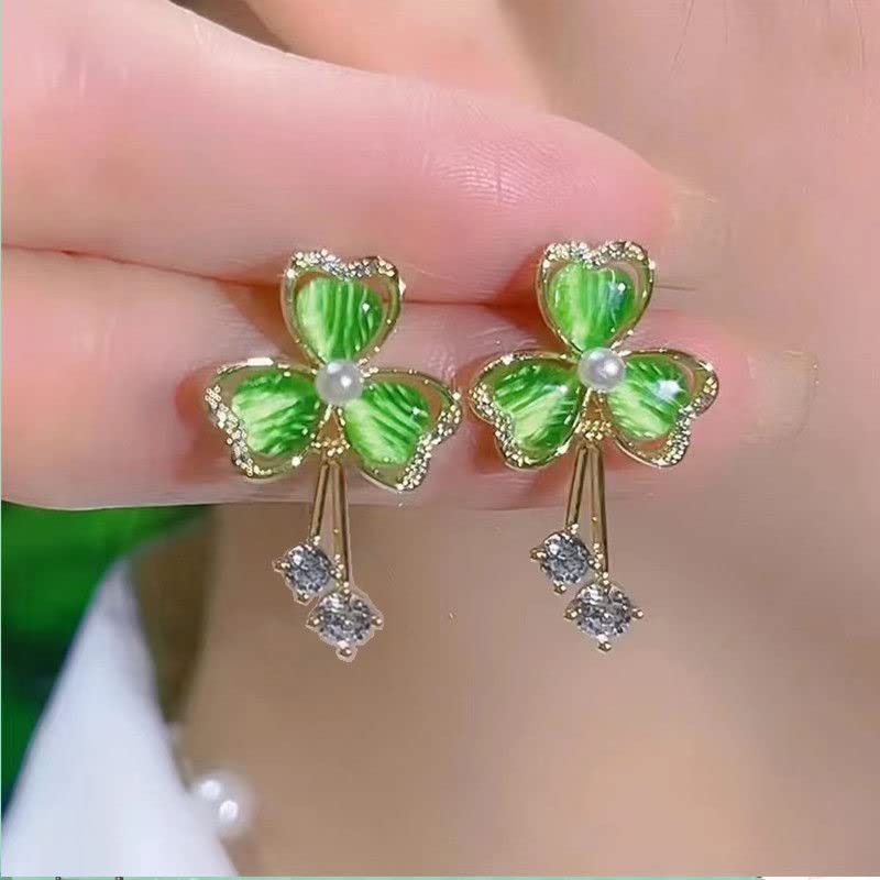 St Patrick's Day Earrings for Women,Green Rhinestone Irish Shamrock Drop Dangle Earrings Green Clover Crystal Opal Earrings Good Luck Holiday Jewelry (B)