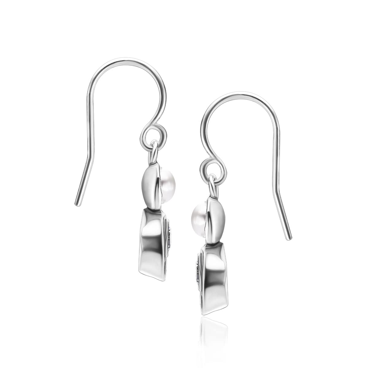 925 Sterling Silver Earrings with Fresh Water Pearl & 2 Round Cubic Zirconia, Oxidized, Stylish, Hypoallergenic, Nickel and Lead-free, Artisan Handcrafted Designer, French Wire Back, Made In Israel