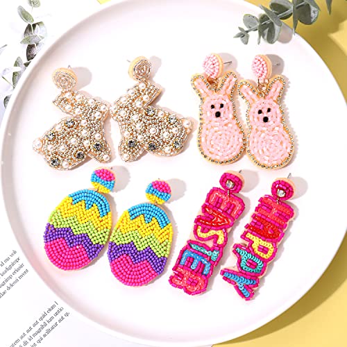 4 Pairs Easter Earrings for Women, Beaded Rabbit Bunny Earrings Colorful Easter Egg Earrings, Spring Holiday Earrings Handmade Easter Accessory Jewelry Gifts (Style A)