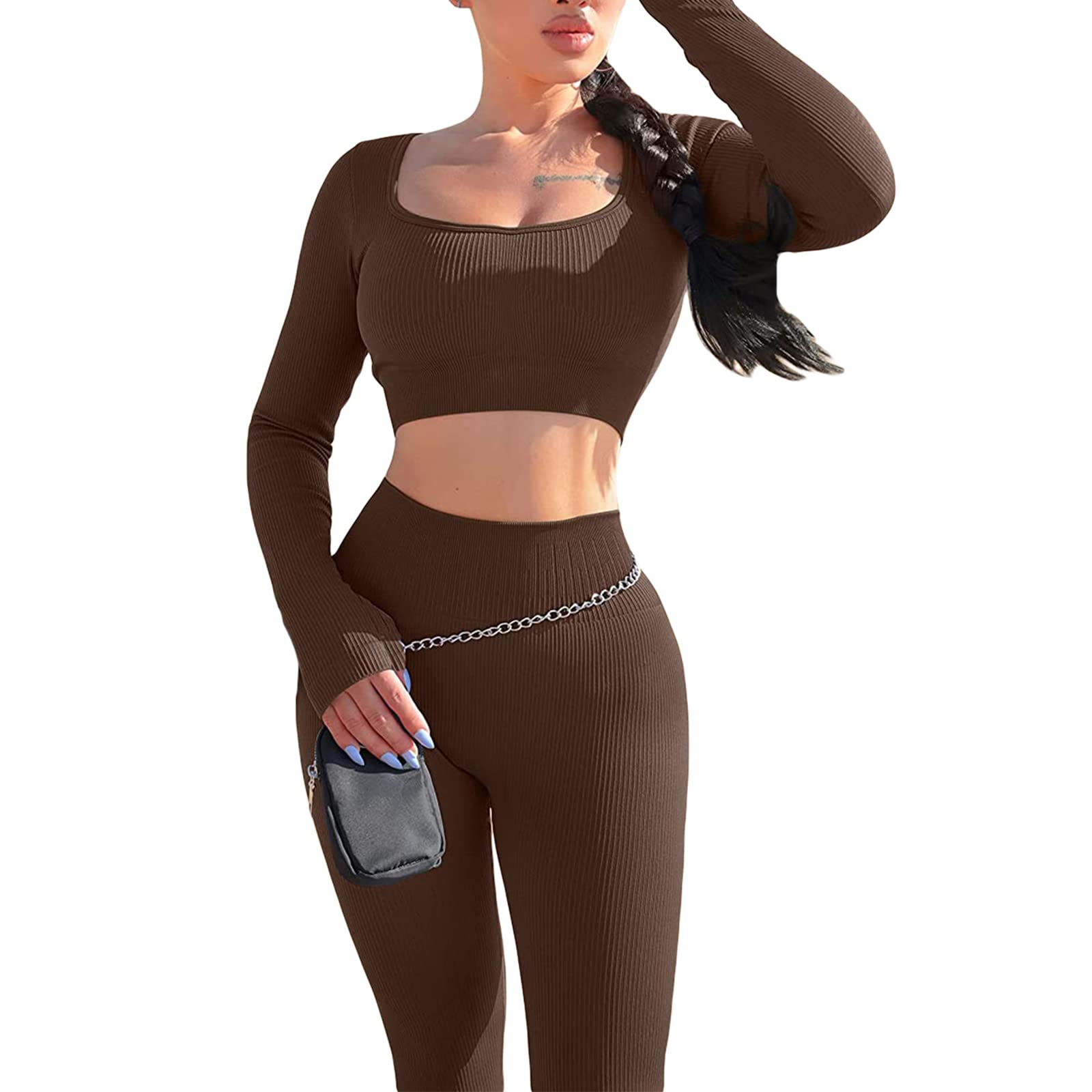 Women's Yoga Tracksuit Set Two Piece Ribbed Workout Crop Top Long Pants Solid Color Exercise Outfits (Brown, S)