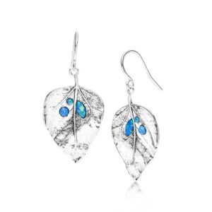 925 sterling silver earrings leaf shaped with multiple bold opal, oxidized, stylish, hypoallergenic, nickel and lead-free, artisan handcrafted designer, french wire earring back, jewelry gift for her