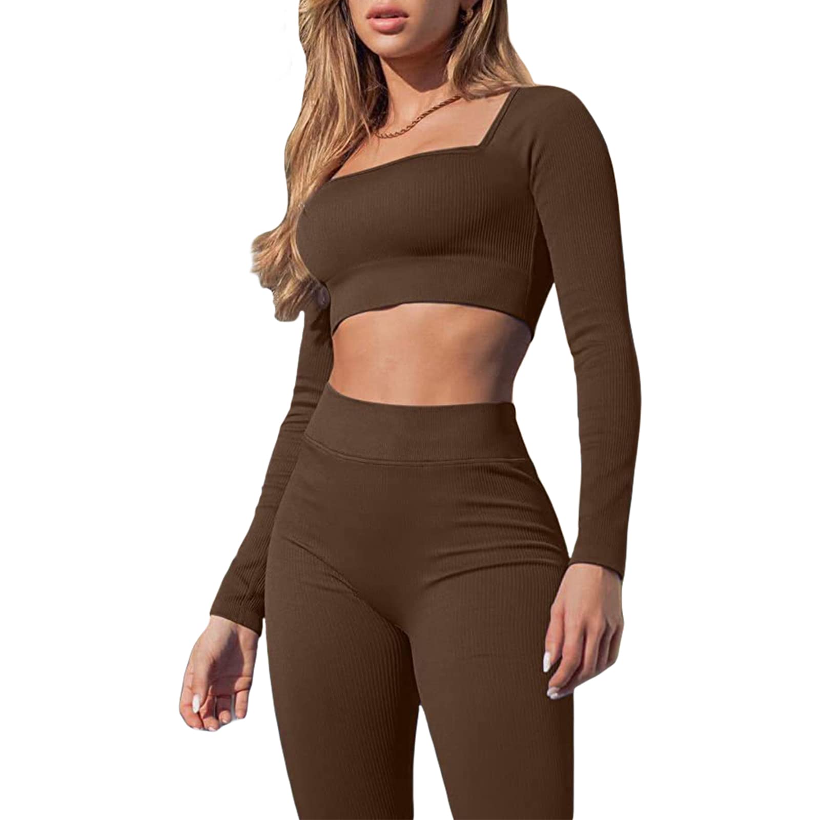 Women's Yoga Tracksuit Set Two Piece Ribbed Workout Crop Top Long Pants Solid Color Exercise Outfits (Brown, S)