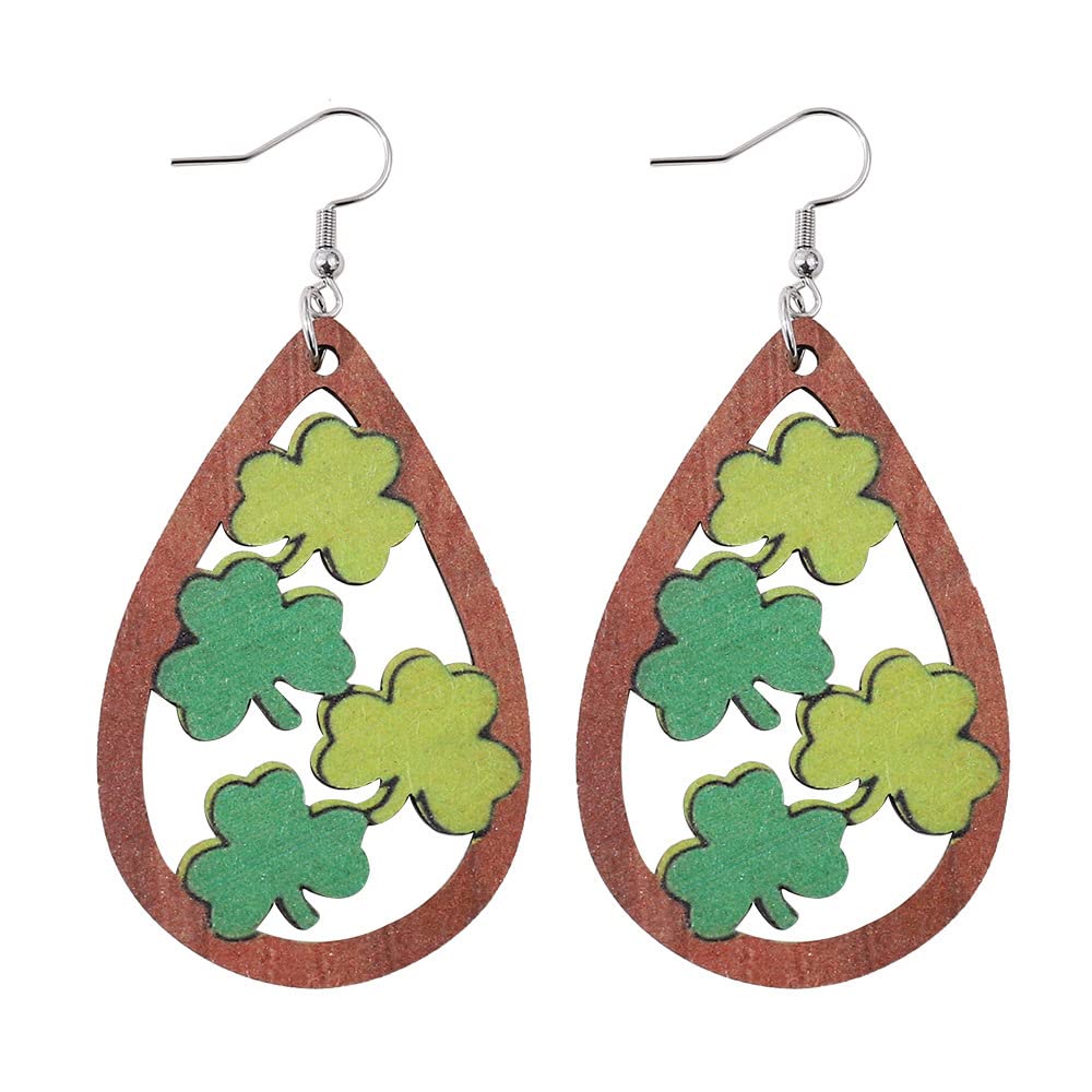 St. Patrick's Day Earrings Irish Wooden Dangle Earrings Green Clover Drop Earrings for Women (B)