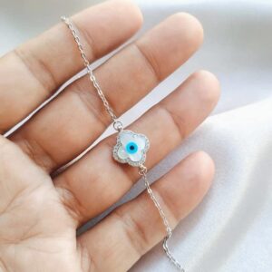 925 Sterling Silver Beautiful Evil Eye Bracelet, got her protection Clover evil eye, Minimalist Chain Bracelet, Evil Eye Charm, Good Luck Charm By ECSTATIC BLING (Sterling Silver Vermeil)