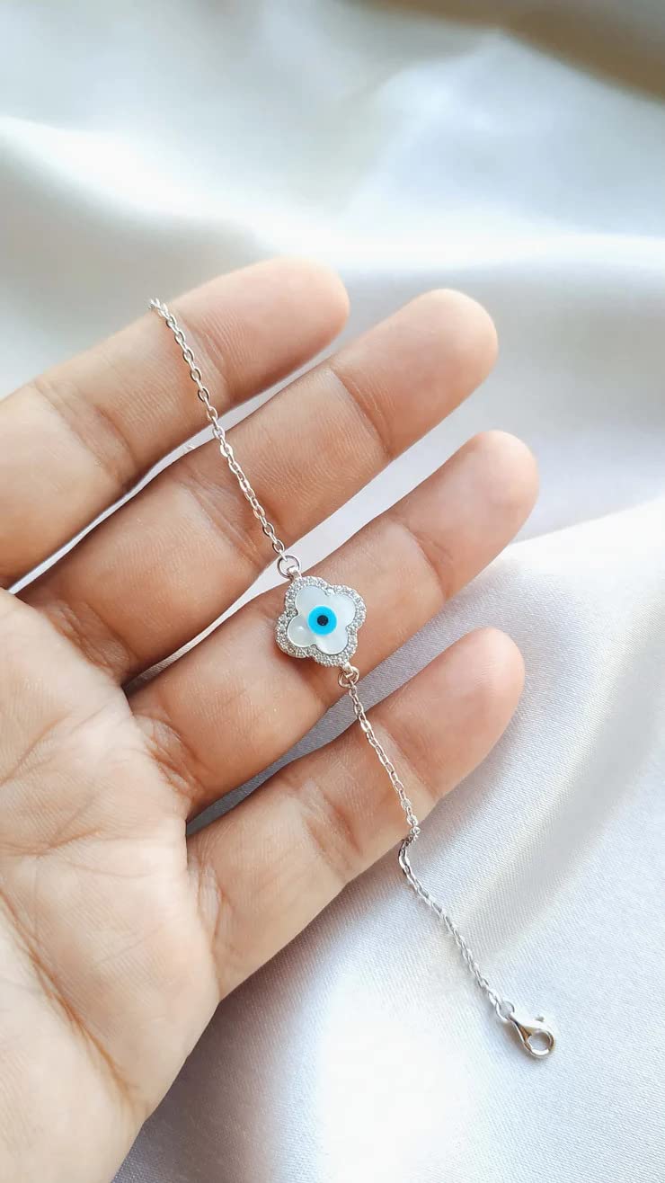 925 Sterling Silver Beautiful Evil Eye Bracelet, got her protection Clover evil eye, Minimalist Chain Bracelet, Evil Eye Charm, Good Luck Charm By ECSTATIC BLING (Sterling Silver Vermeil)