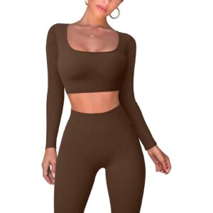 women's yoga tracksuit set two piece ribbed workout crop top long pants solid color exercise outfits (brown, s)