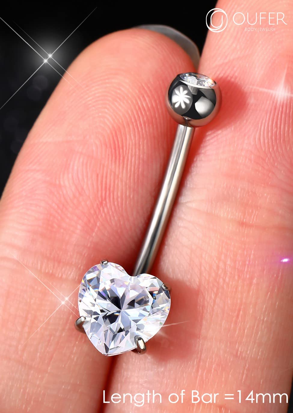 OUFER 14G Belly Rings, Long Belly Button Rings, G23 Solid Titanium Belly Piercing Jewelry, Heart Shaped Navel Piercing Jewelry, Belly Rings for Women Men-16mm