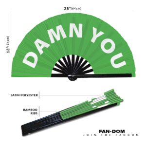 Damn You hand fan foldable bamboo circuit hand fan funny gag slang words expressions statement gifts Festival accessories Rave handheld Circuit event fan Clack fans (Green)