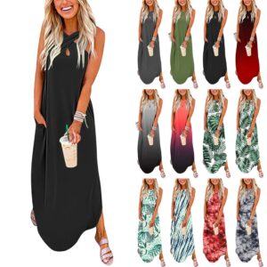 Dresses for Women 2023 Casual Loose Sleeveless Boho Long Beach Dress Criss Cross Slit Side Summer Maxi Sun Dresses