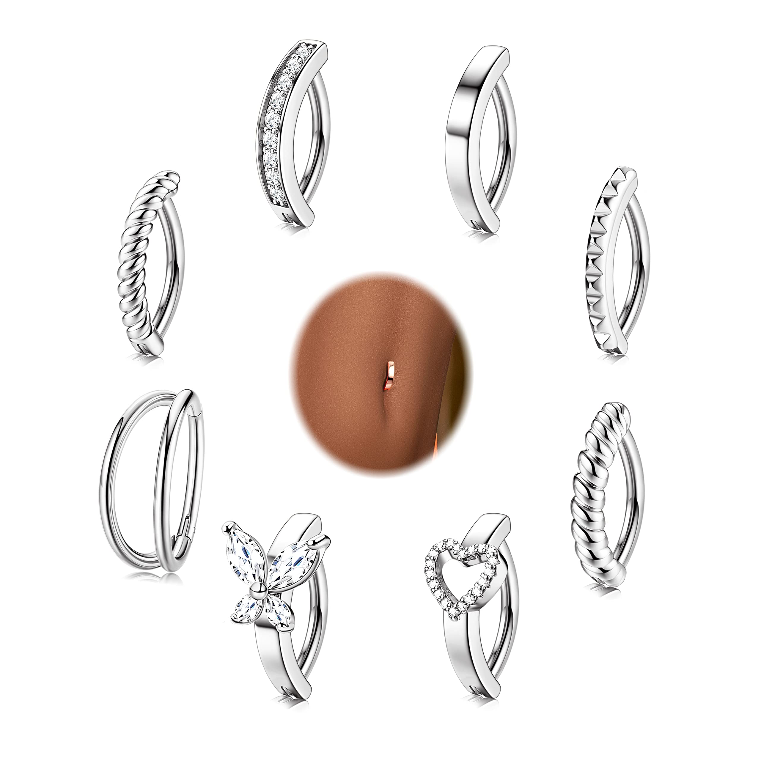 ORAZIO 8Pcs Belly Button Ring Surgical Steel 14G Clicker Belly Rings for Women CZ Heart Butterfly Belly Button Piercing Simple Reverse Navel Barbell Rings Body Piercing Jewelry